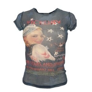 Y2K Sheer Mesh Pinup Graphic Tee Rhinestone Baby Tee USA S M Victory Vintage